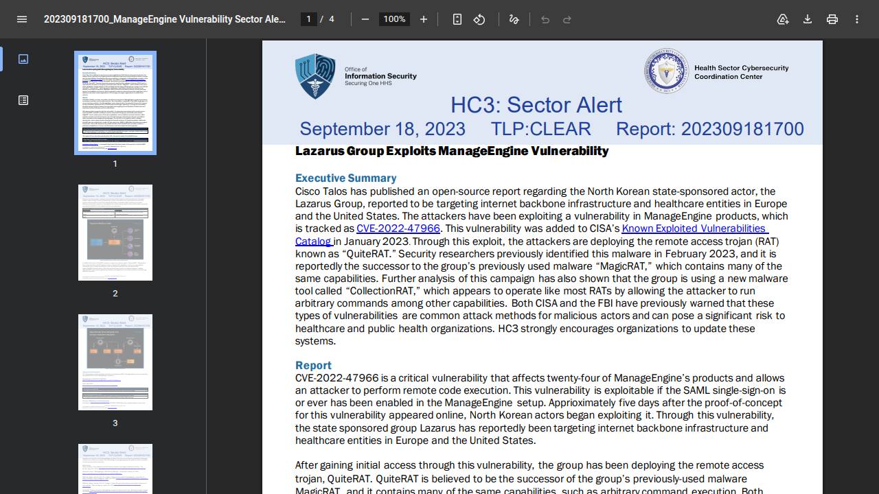 Thumbnail for Lazarus Group Exploits ManageEngine Vulnerability
