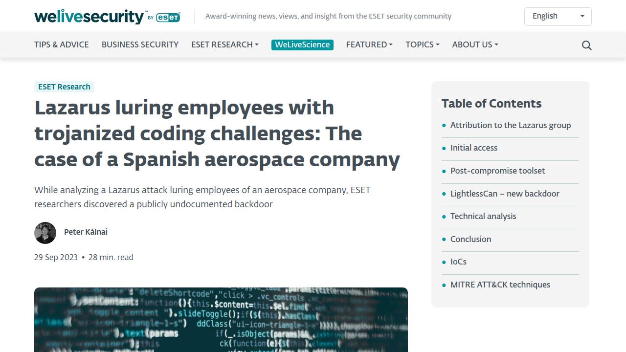 Thumbnail for Lazarus luring employees with trojanized coding challenges: The case of a Spanish aerospace company