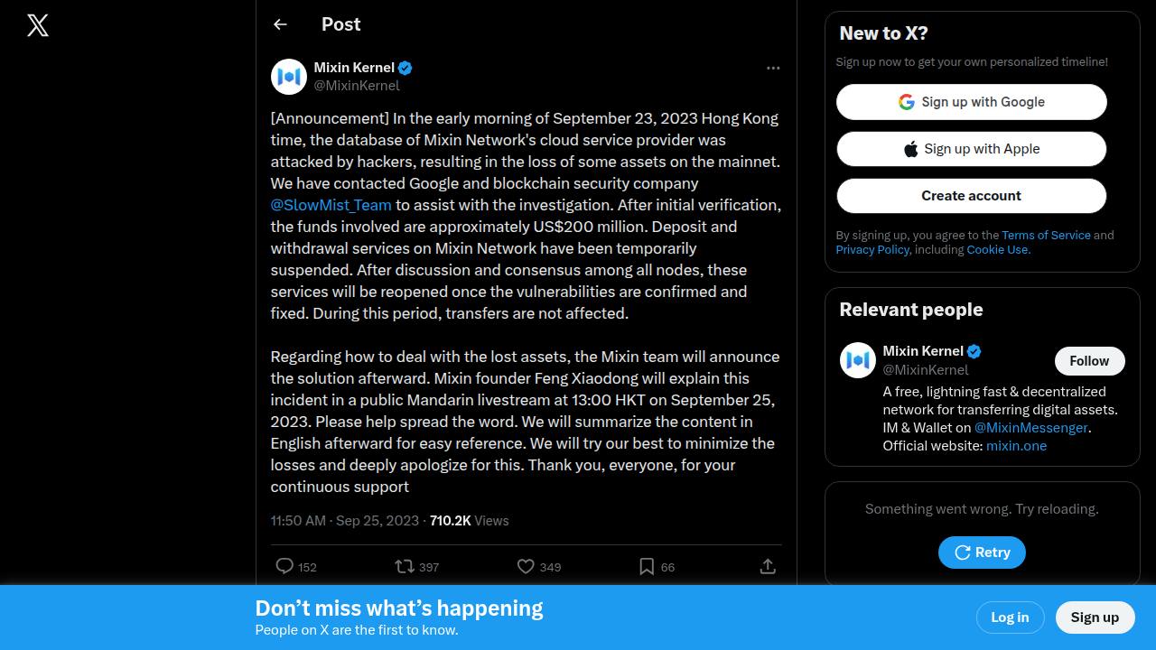 Thumbnail for the database of Mixin Network's cloud service provider was attacked