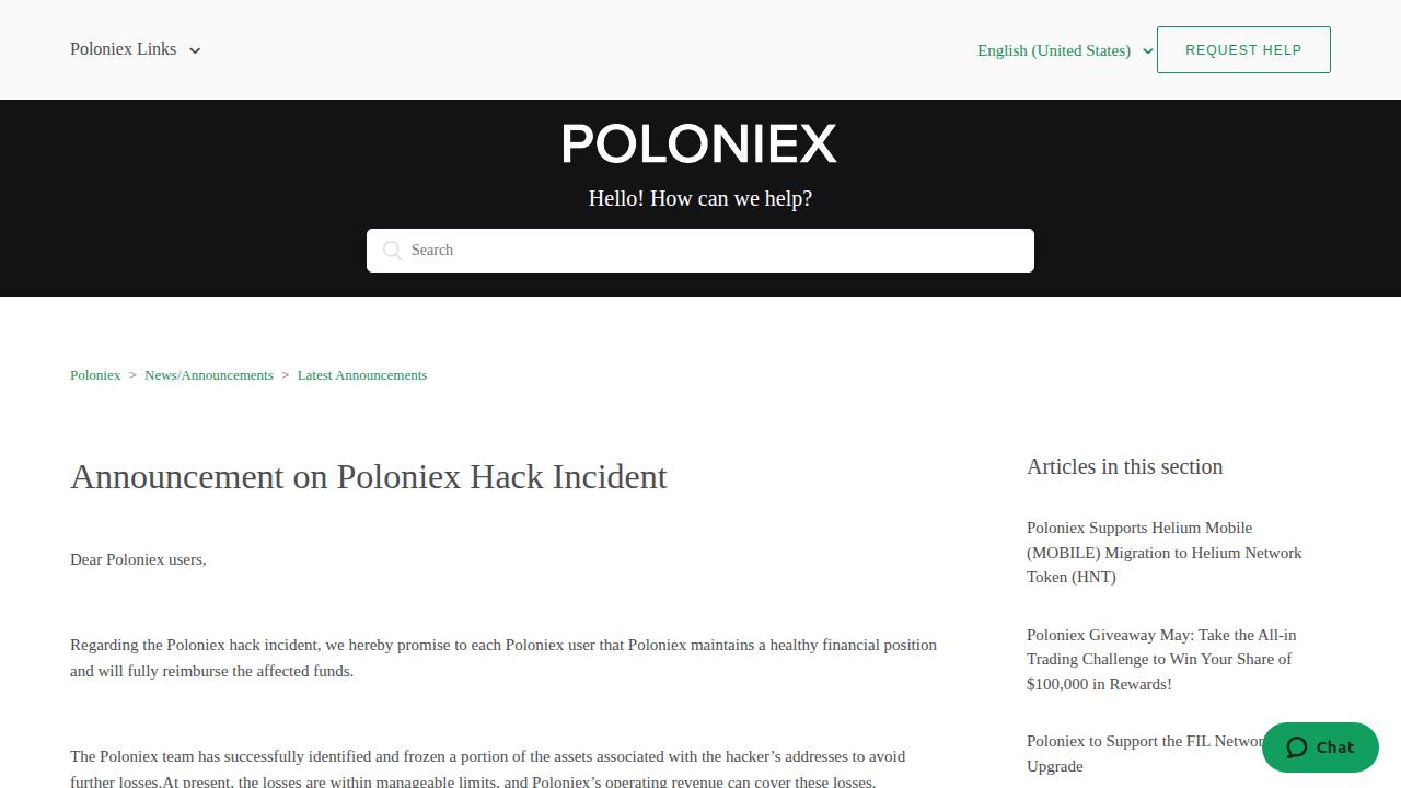 Thumbnail for Announcement on Poloniex Hack Incident