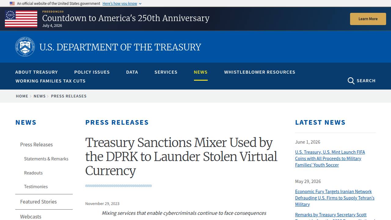 Thumbnail for Treasury Sanctions Mixer Used by the DPRK to Launder Stolen Virtual Currency