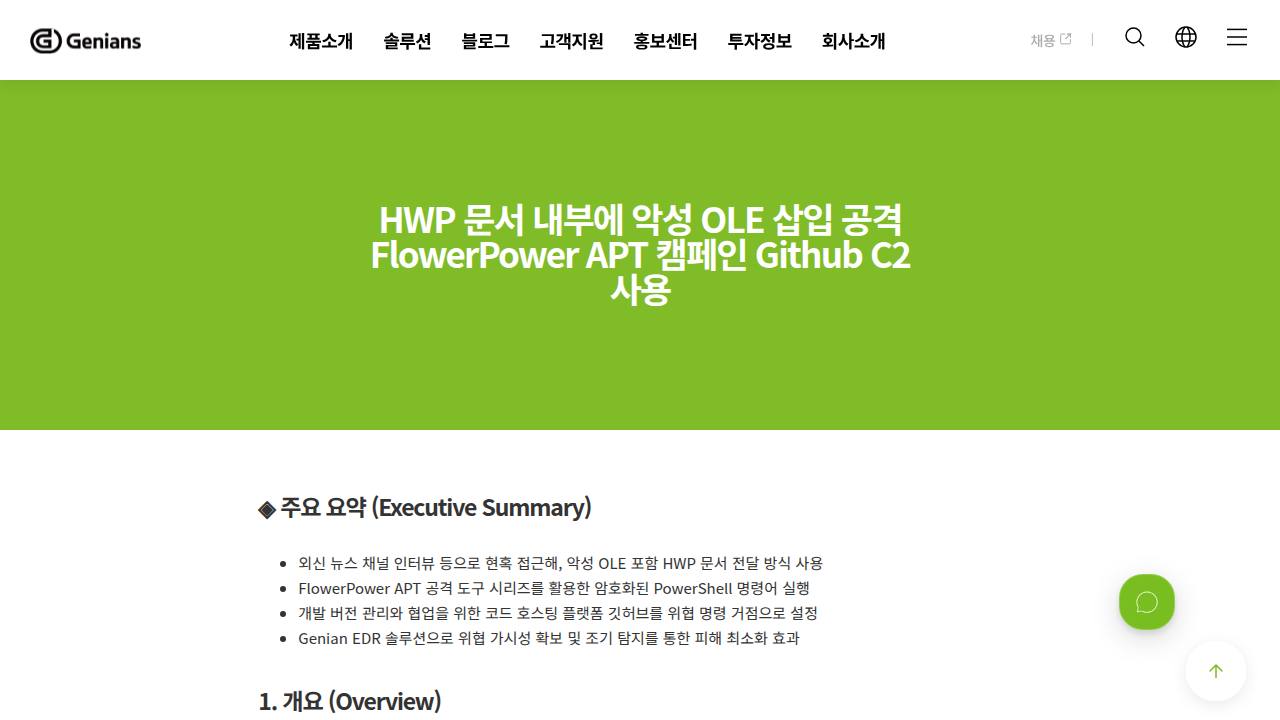 Thumbnail for HWP 문서 내부에 악성 OLE 삽입 공격: FlowerPower APT 캠페인 Github C2 사용