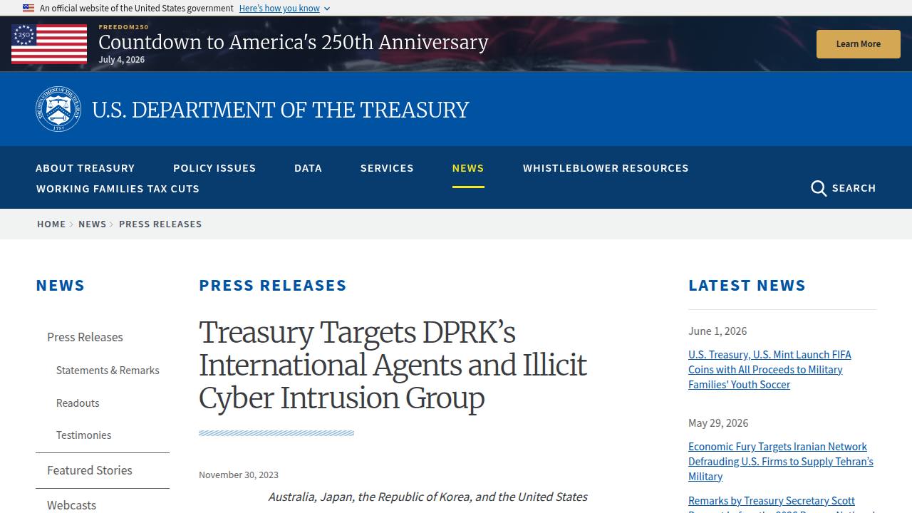 Thumbnail for Treasury Targets DPRK’s International Agents and Illicit Cyber Intrusion Group