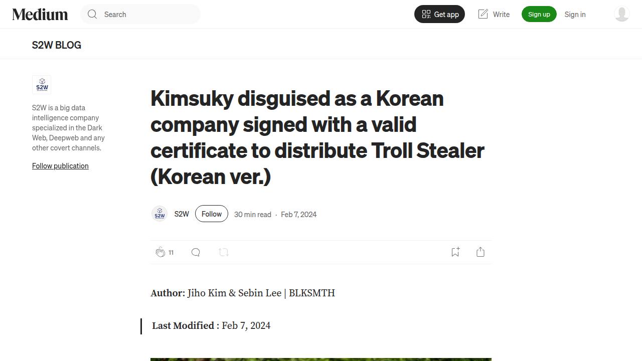 Thumbnail for Kimsuky disguised as a Korean company signed with a valid certificate to distribute Troll Stealer