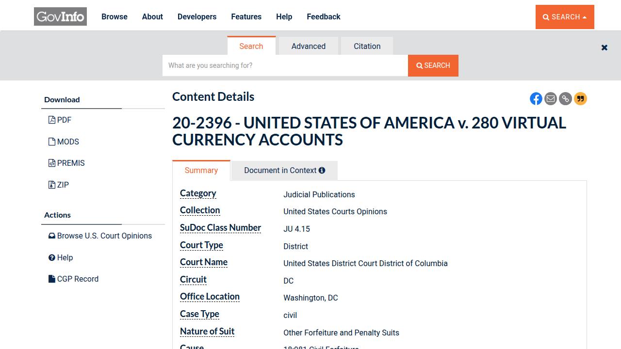 Thumbnail for UNITED STATES OF AMERICA v. 280 VIRTUAL CURRENCY ACCOUNTS
