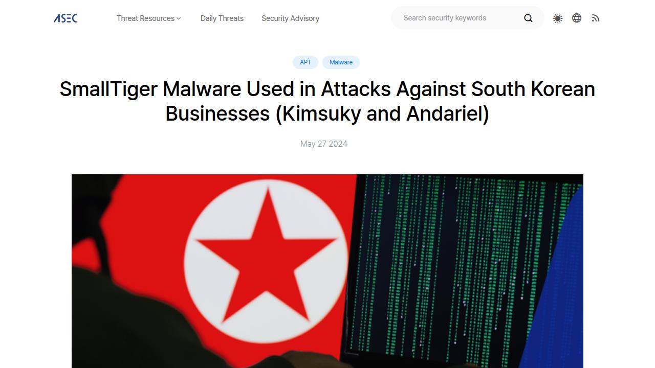 Thumbnail for SmallTiger Malware Used Against South Korean Businesses (Kimsuky and Andariel)