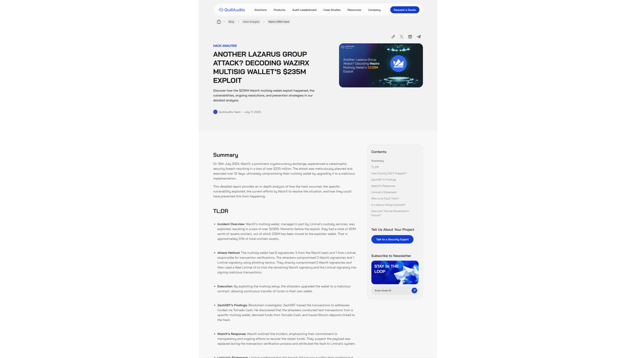 Thumbnail for Decoding Wazirx Multisig Wallet’s $235M Exploit