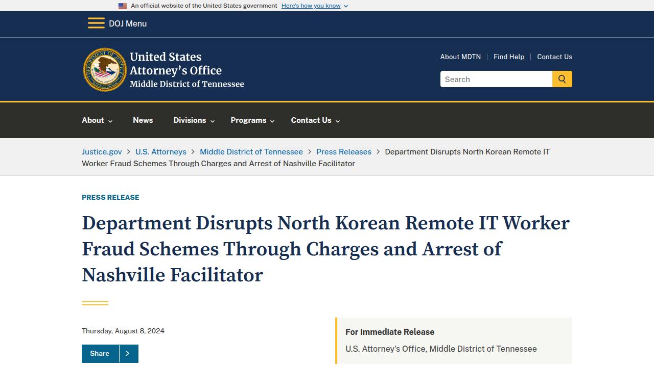 Thumbnail for Department Disrupts North Korean Remote IT Worker Fraud Schemes Through Charges and Arrest of Nashville Facilitator