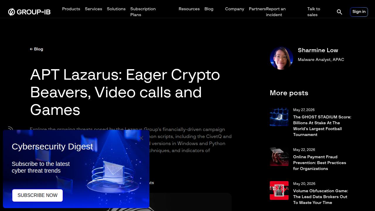 Thumbnail for APT Lazarus: Eager Crypto Beavers, Video calls and Games
