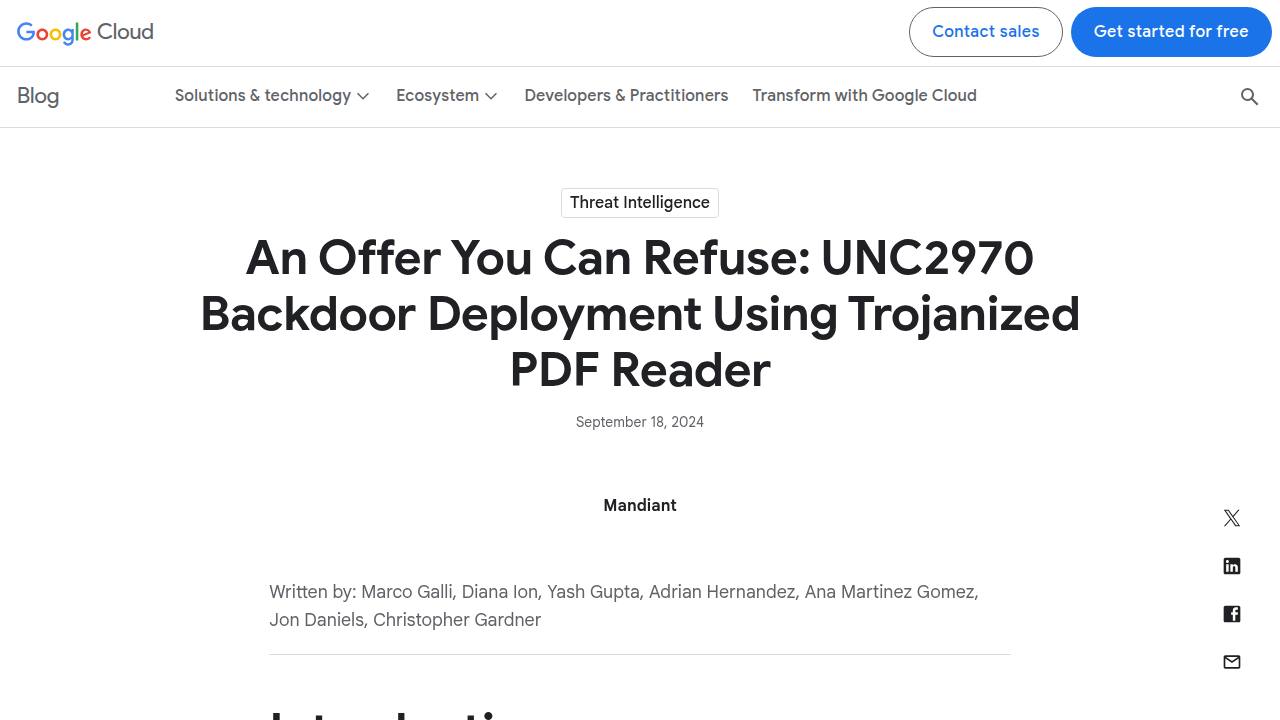 Thumbnail for An Offer You Can Refuse: UNC2970 Backdoor Deployment Using Trojanized PDF Reader
