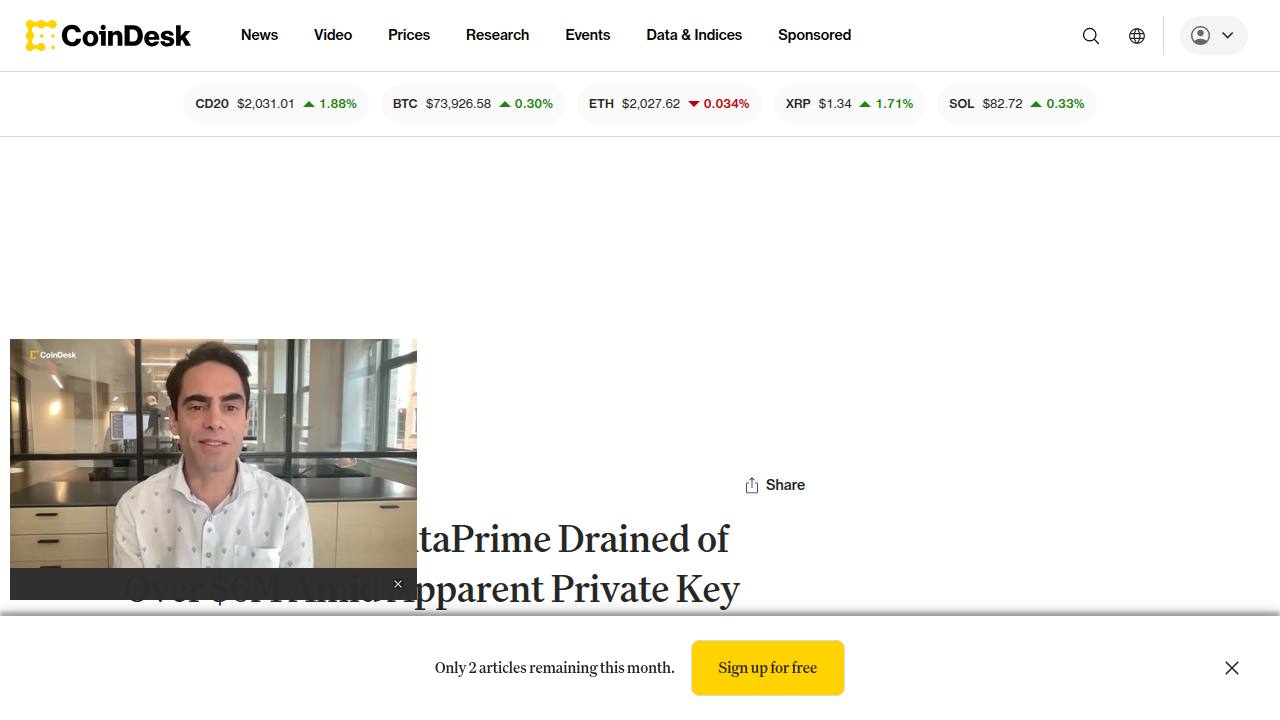 Thumbnail for Crypto Broker DeltaPrime Drained of Over $6M Amid Apparent Private Key Leak