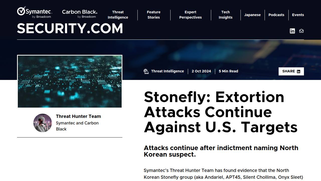 Thumbnail for Stonefly: Extortion Attacks Continue Against U.S. Targets