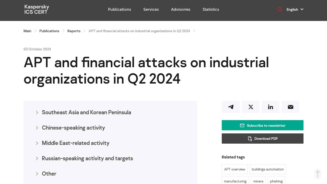 Thumbnail for APT and financial attacks on industrial organizations in Q2 2024