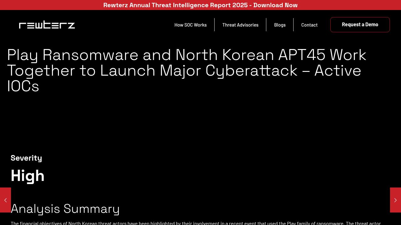 Thumbnail for Play Ransomware and North Korean APT45 Work Together to Launch Major Cyberattack – Active IOCs