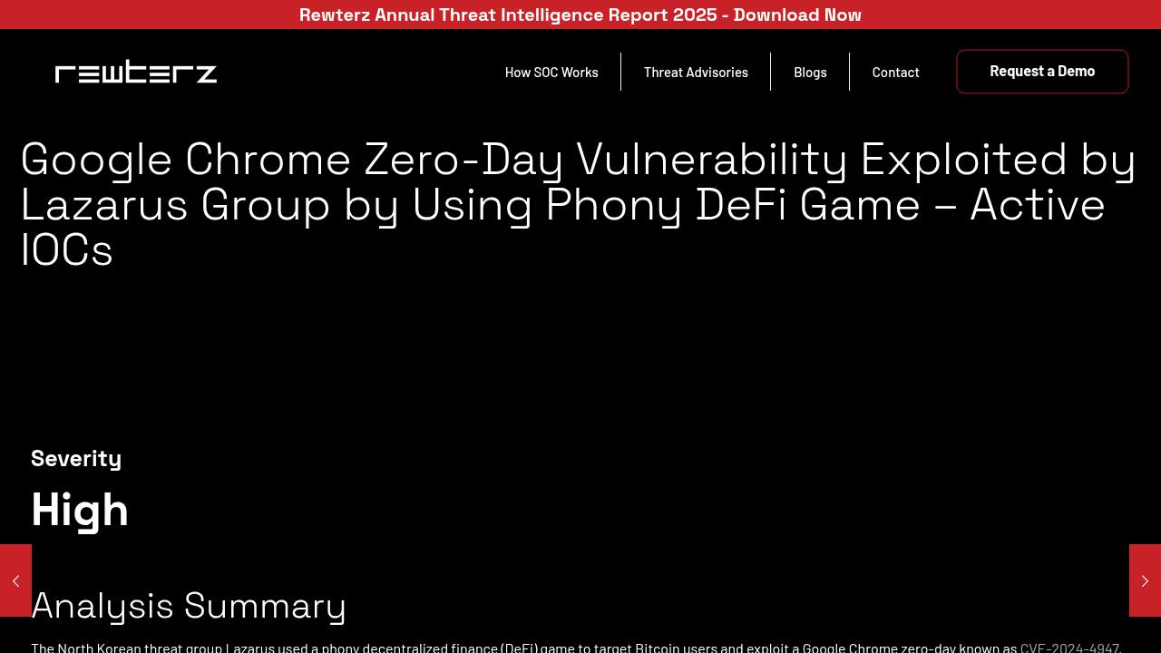 Thumbnail for Google Chrome Zero-Day Vulnerability Exploited by Lazarus Group by Using Phony DeFi Game – Active IOCs