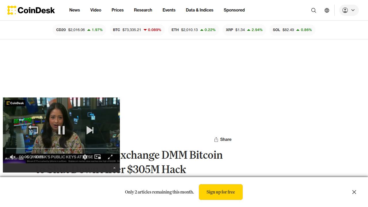 Thumbnail for DMM Bitcoin to Shut Down After $305M Hack; Will Transfer Accounts to SBI VC