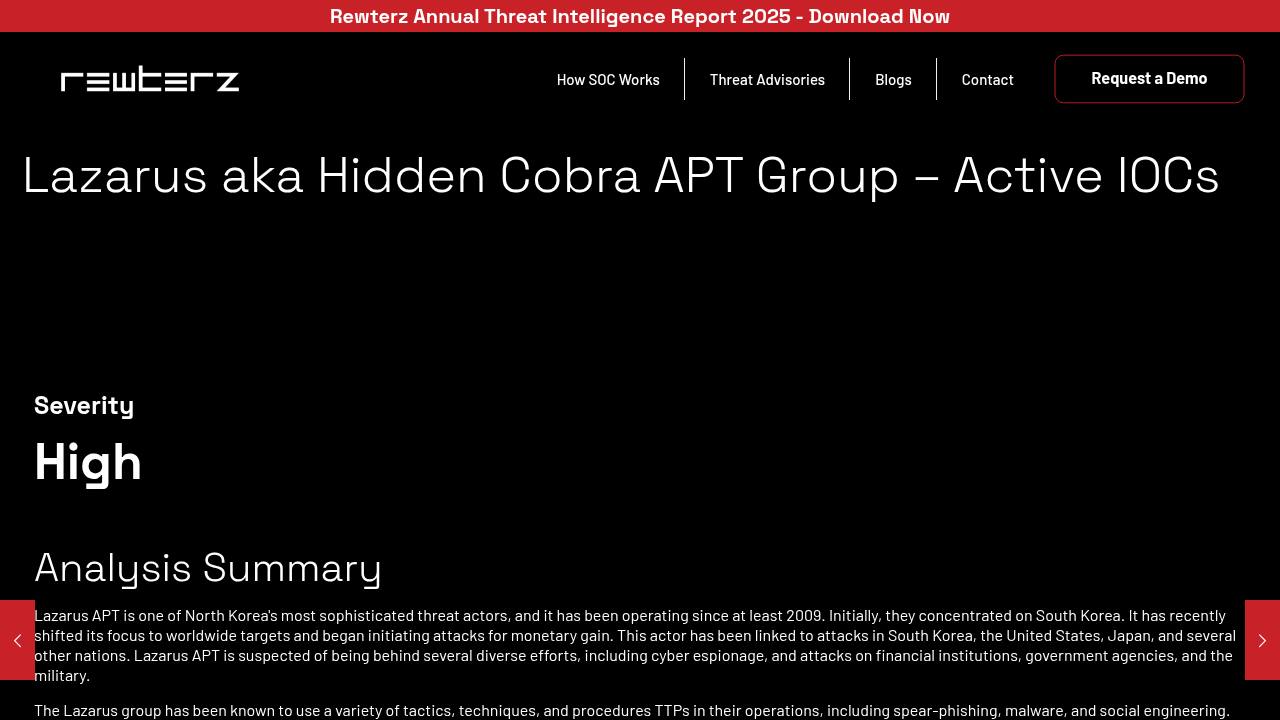 Thumbnail for Lazarus aka Hidden Cobra APT Group – Active IOCs