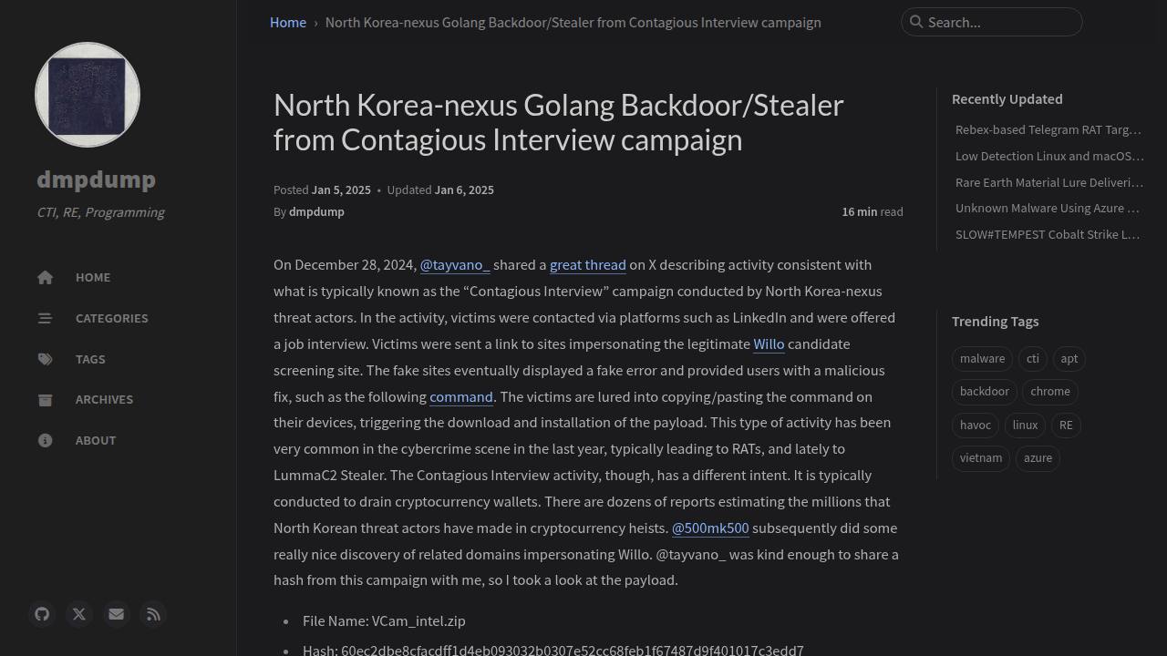 Thumbnail for North Korea-nexus Golang Backdoor/Stealer from Contagious Interview campaign