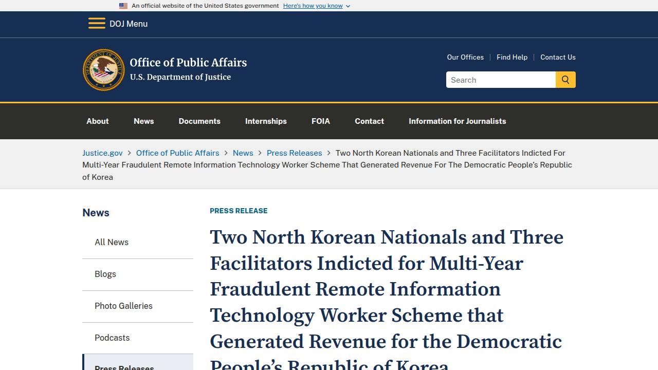 Thumbnail for Two North Korean Nationals and Three Facilitators Indicted for Multi-Year Fraudulent Remote Information Technology Worker Scheme that Generated Revenue for the Democratic People’s Republic of Korea
