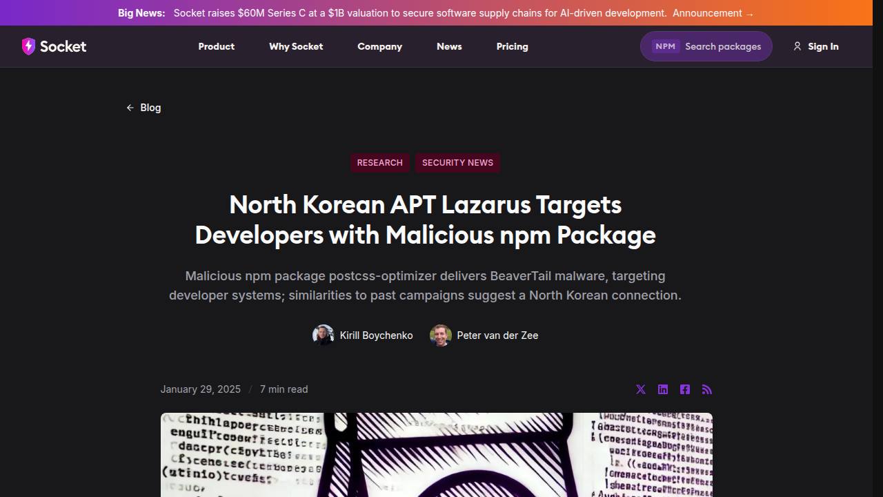Thumbnail for North Korean APT Lazarus Targets Developers with Malicious npm Package