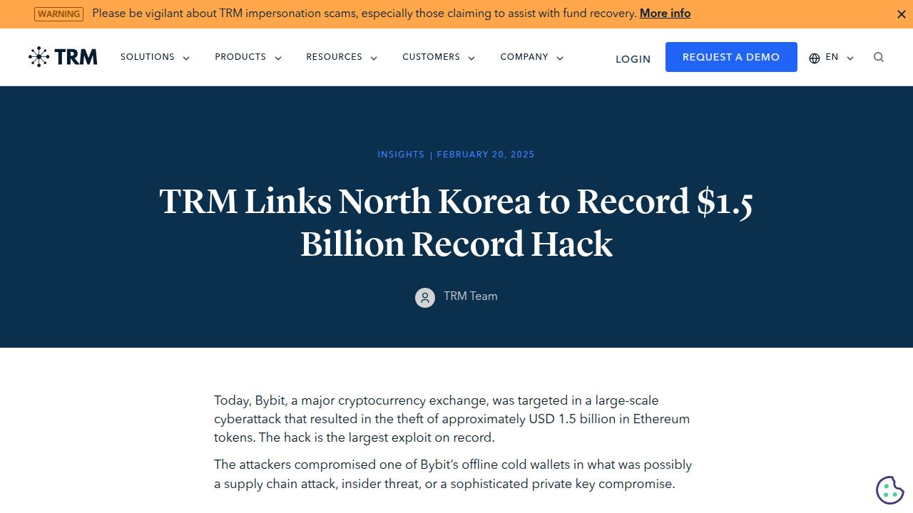 Thumbnail for TRM Links North Korea to Record $1.5 Billion Record Hack