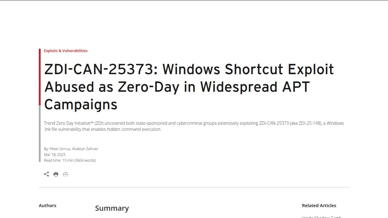 Thumbnail for ZDI-CAN-25373 Windows Shortcut Exploit Abused as Zero-Day in Widespread APT Campaigns
