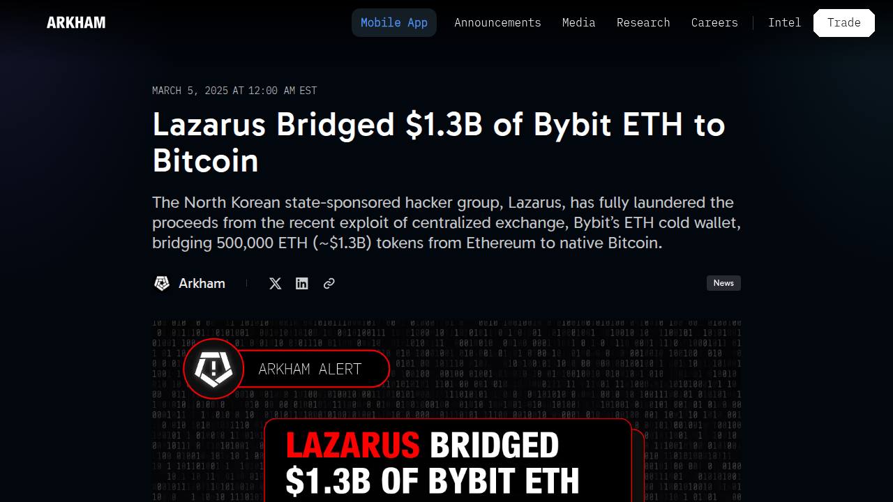 Thumbnail for Lazarus Bridged $1.3B of Bybit ETH to Bitcoin