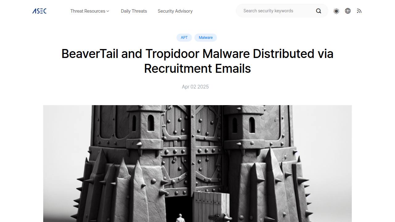 Thumbnail for BeaverTail and Tropidoor Malware Distributed via Recruitment Emails
