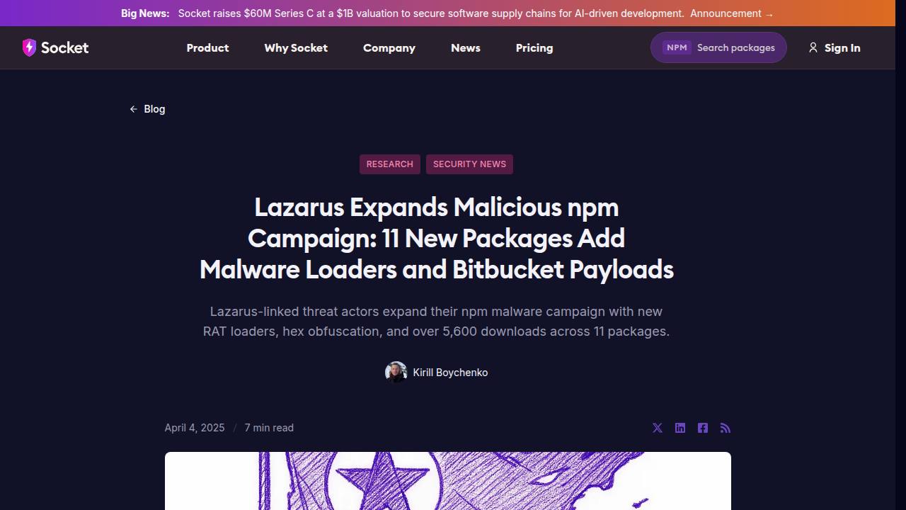 Thumbnail for Lazarus Expands Malicious npm Campaign: 11 New Packages Add Malware Loaders and Bitbucket Payloads
