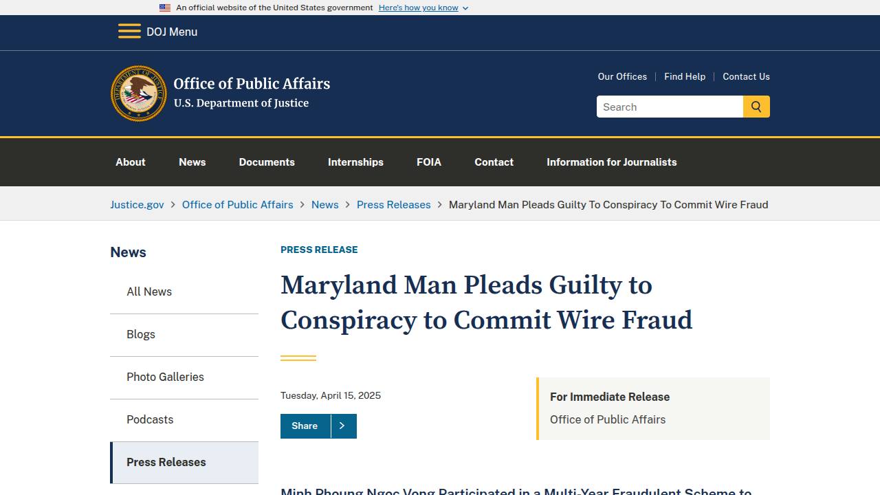 Thumbnail for Maryland Man Pleads Guilty to Conspiracy to Commit Wire Fraud