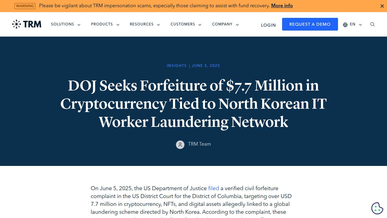 Thumbnail for DOJ Seeks Forfeiture of $7.7 Million in Cryptocurrency Tied to North Korean IT Worker Laundering Network