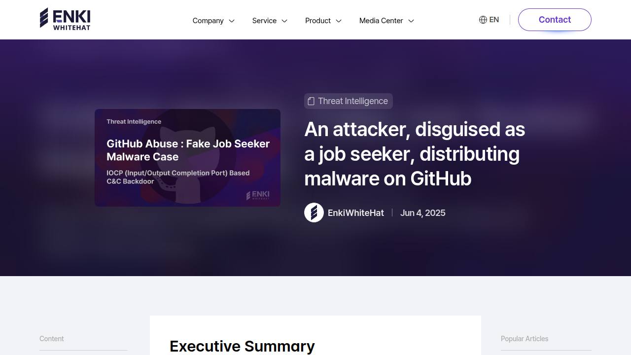 Thumbnail for An attacker, disguised as a job seeker, distributing malware on GitHub