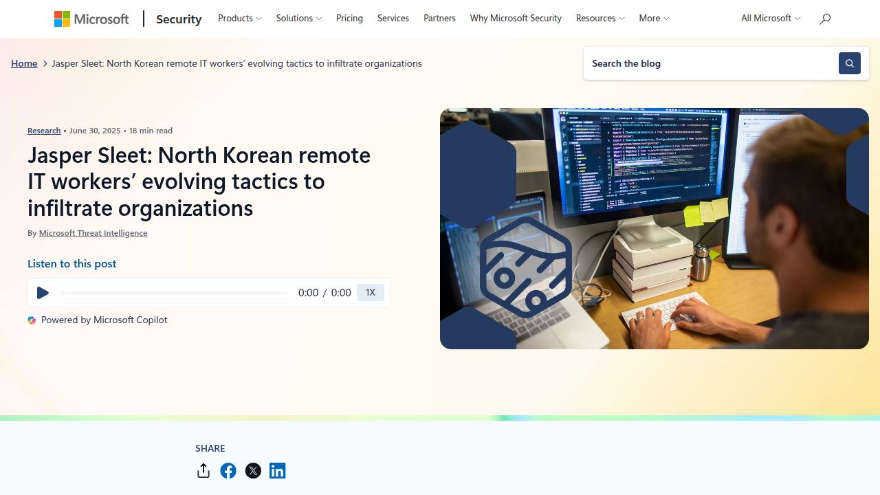 Thumbnail for Jasper Sleet: North Korean remote IT workers’ evolving tactics to infiltrate organizations
