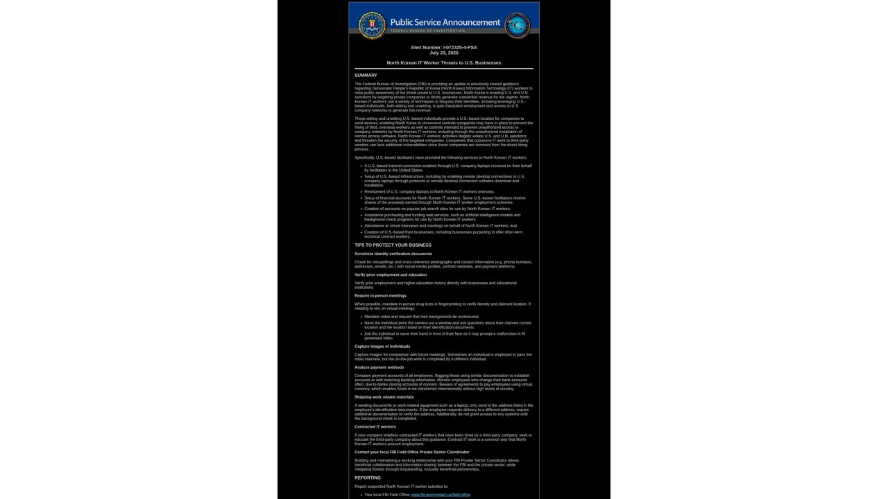 Thumbnail for North Korean IT Worker Threats to U.S. Businesses