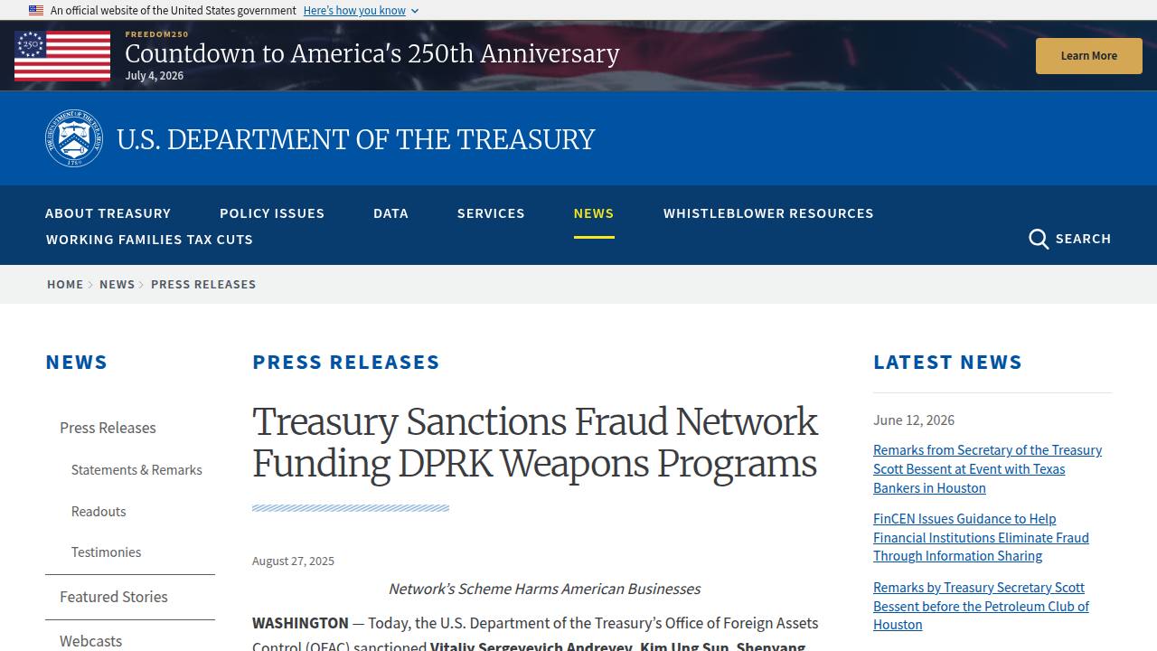 Thumbnail for Treasury Sanctions Fraud Network Funding DPRK Weapons Programs