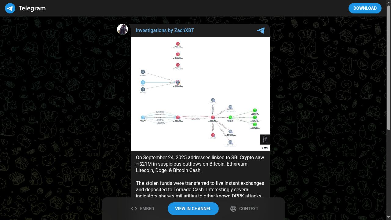 Thumbnail for On September 24, 2025 addresses linked to SBI Crypto saw ~$21M in suspicious outflows