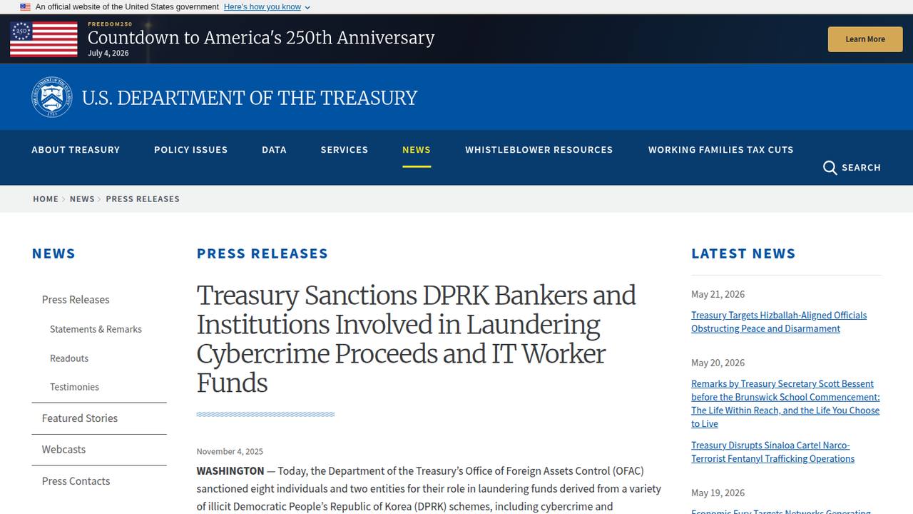 Thumbnail for Treasury Sanctions DPRK Bankers and Institutions Involved in Laundering Cybercrime Proceeds and IT Worker Funds