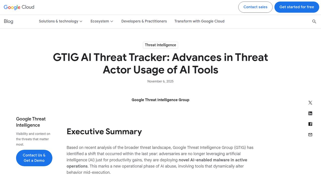Thumbnail for GTIG AI Threat Tracker: Advances in Threat Actor Usage of AI Tools