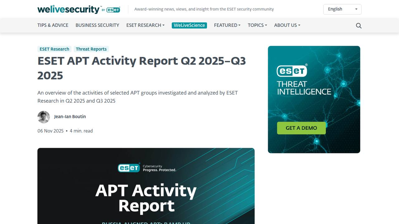 Thumbnail for ESET APT Activity Report Q2 2025–Q3 2025