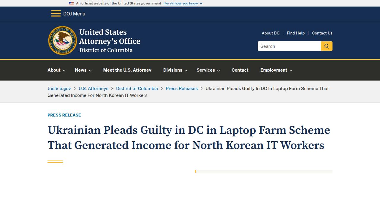Thumbnail for Ukrainian Pleads Guilty in DC in Laptop Farm Scheme That Generated Income for North Korean IT Workers