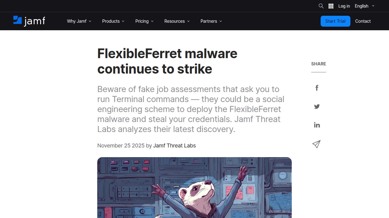 Thumbnail for FlexibleFerret: macOS Malware Deploys in Fake Job Scams