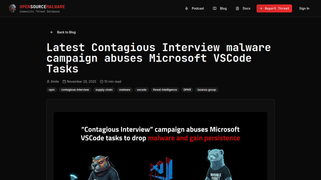 Thumbnail for Latest Contagious Interview malware campaign abuses Microsoft VSCode Tasks