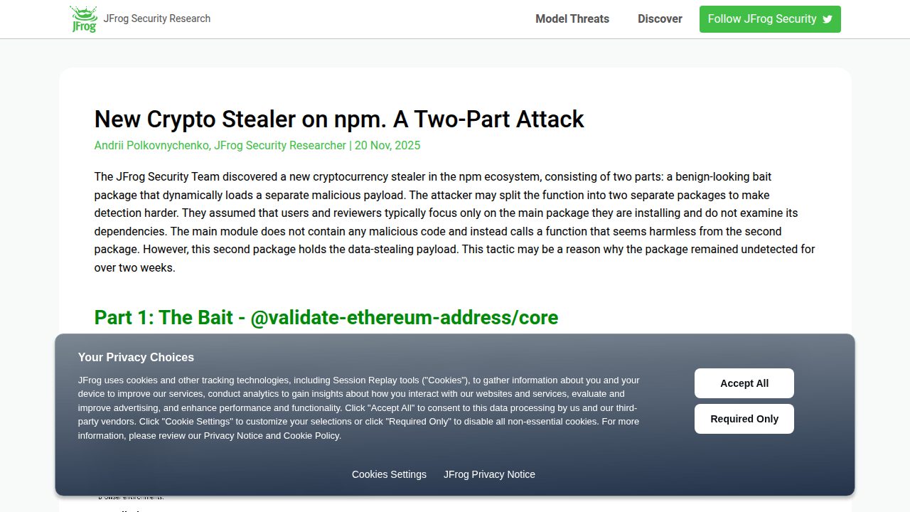 Thumbnail for New Crypto Stealer on npm. A Two-Part Attack