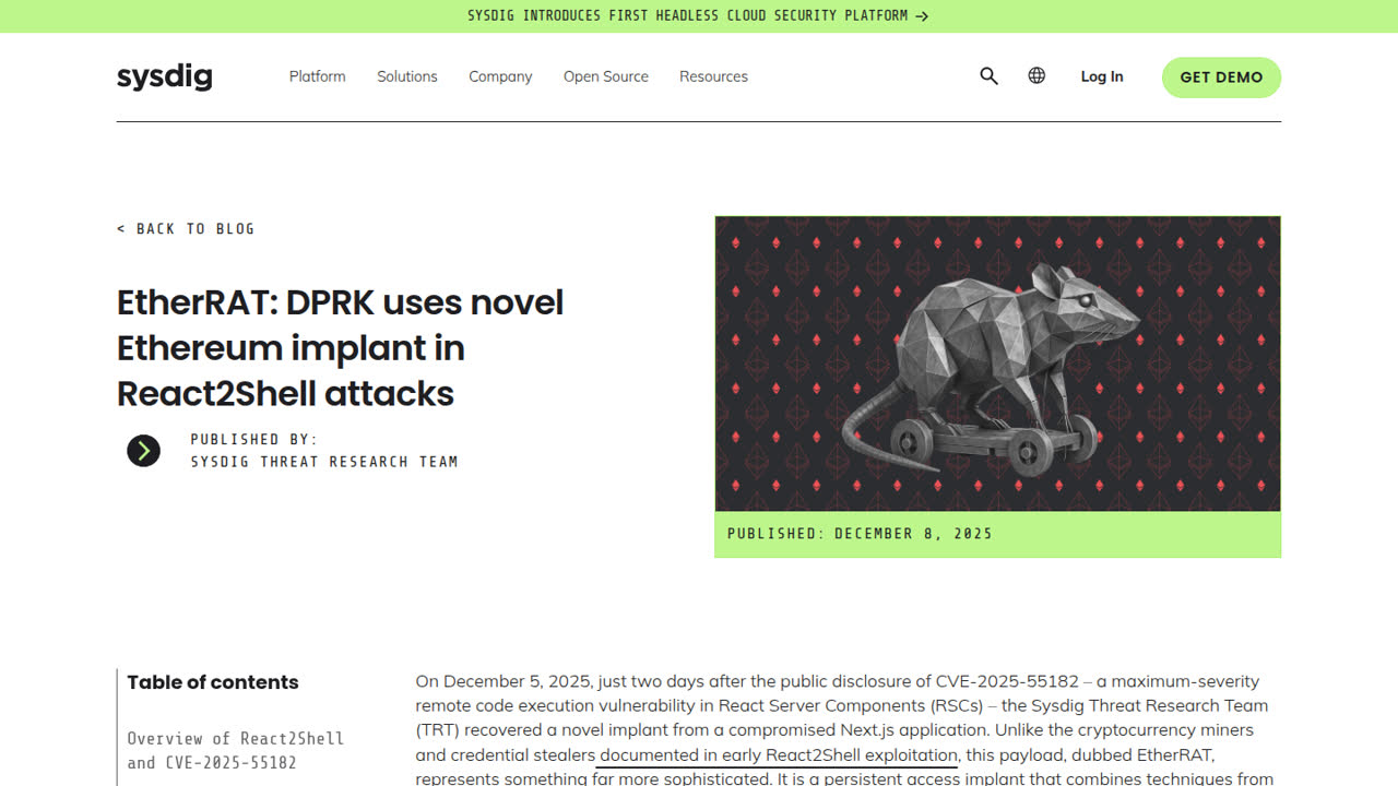 Thumbnail for EtherRAT: DPRK uses novel Ethereum implant in React2Shell attacks