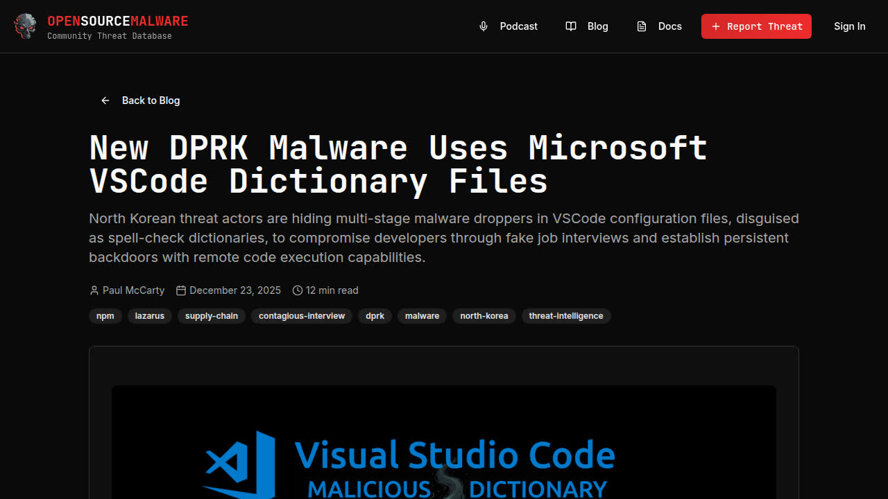 Thumbnail for New DPRK Malware Uses Microsoft VSCode Dictionary Files