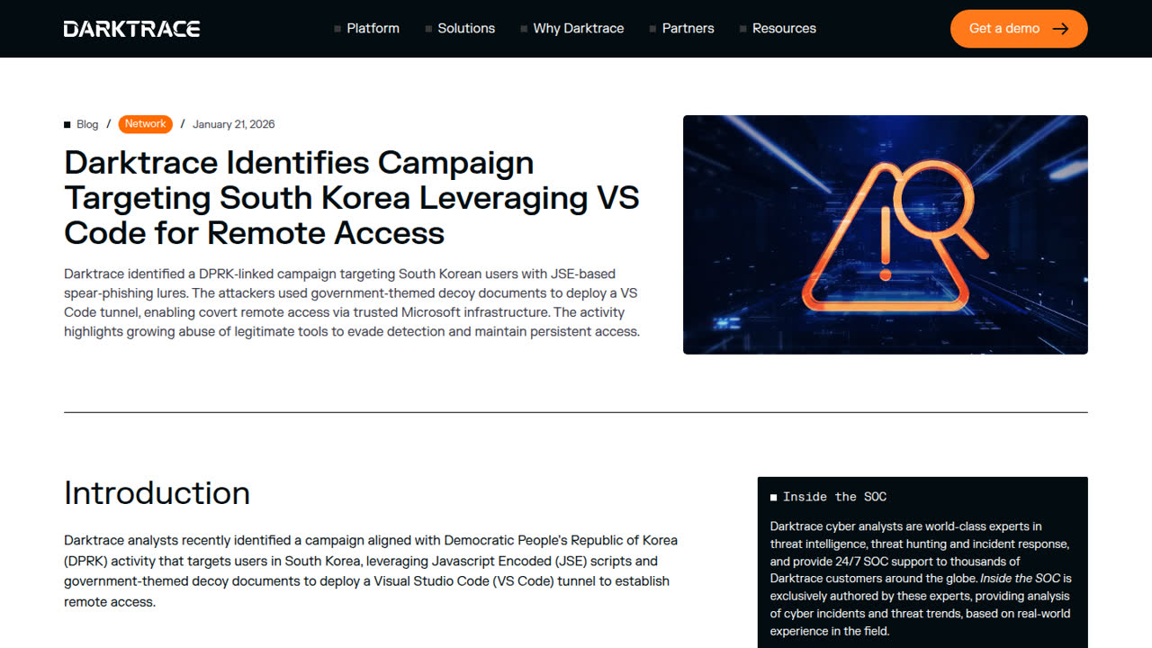 Thumbnail for Darktrace Identifies Campaign Targeting South Korea Leveraging VS Code for Remote Access