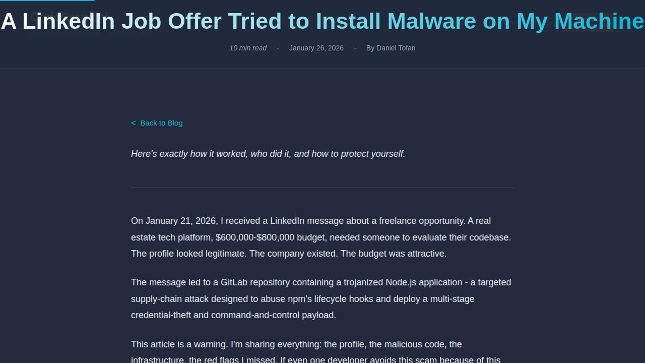 Thumbnail for A LinkedIn Job Offer Tried to Install Malware on My Machine
