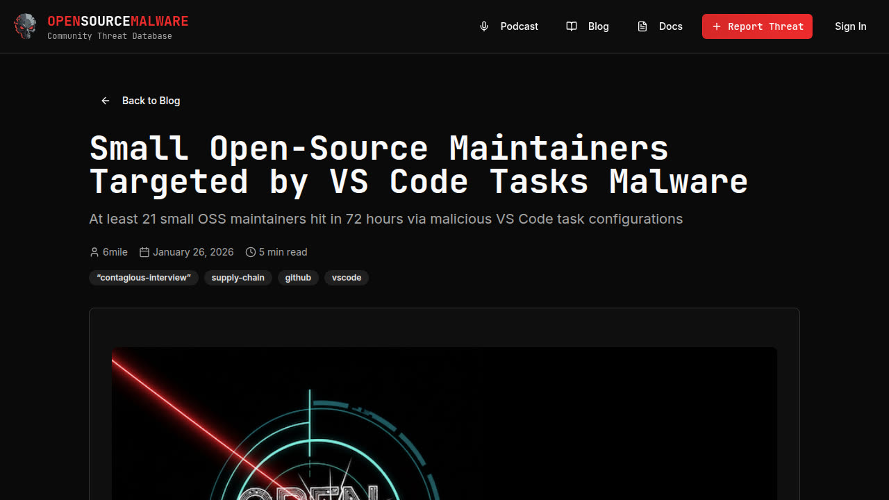 Thumbnail for Small Open-Source Maintainers Targeted by VS Code Tasks Malware