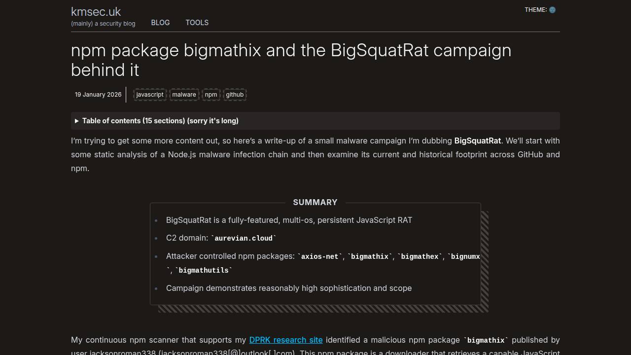 Thumbnail for npm package bigmathix and the BigSquatRat campaign behind it