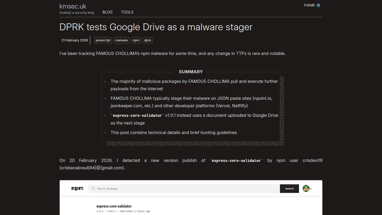 Thumbnail for DPRK tests Google Drive as a malware stager